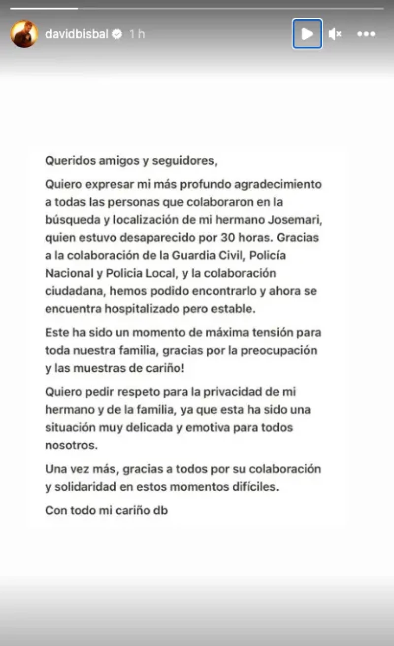 Comunicado de David Bisbal tras encontrarse a su hermano Josemari.