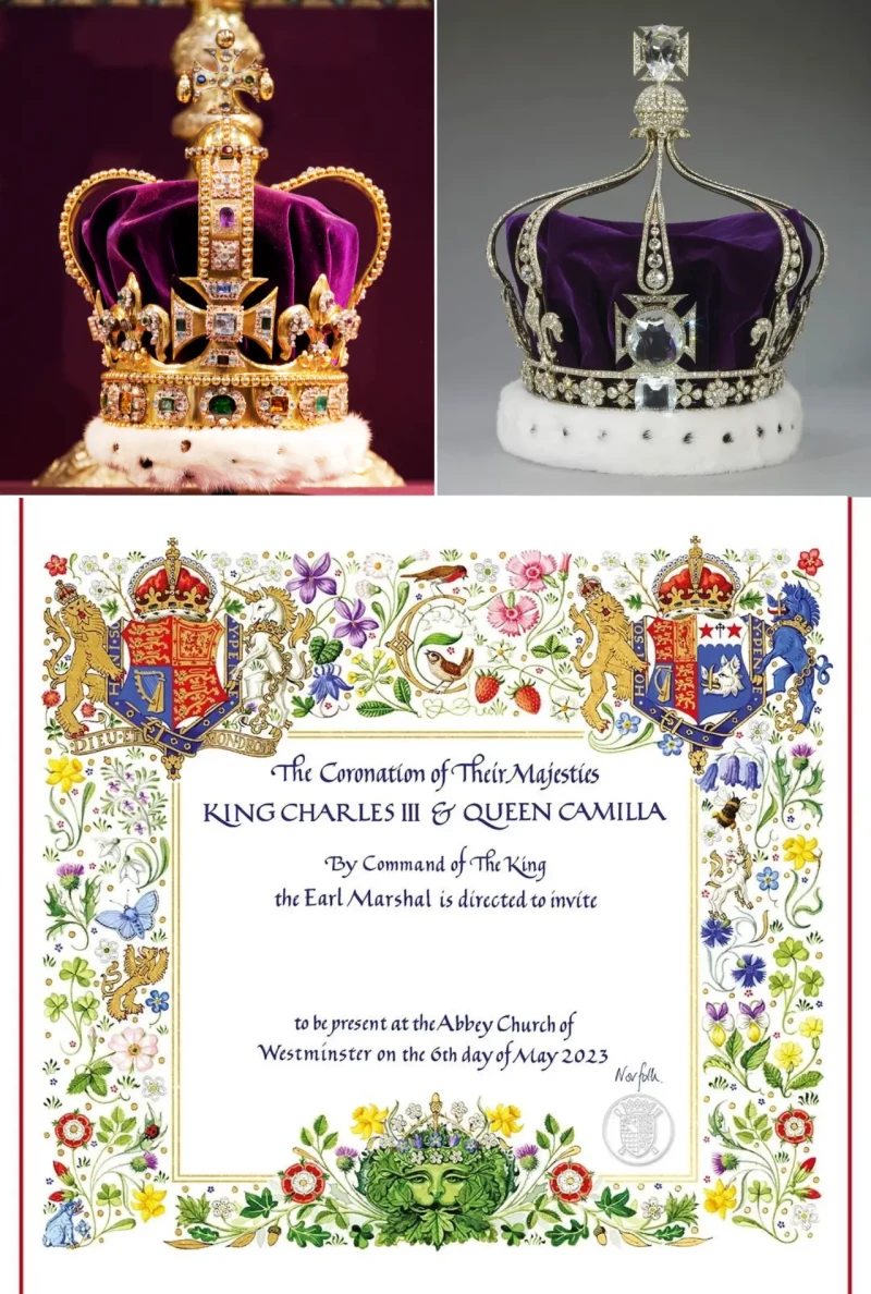 Las coronas que vestirán Carlos y Camilla y la invitación al evento.