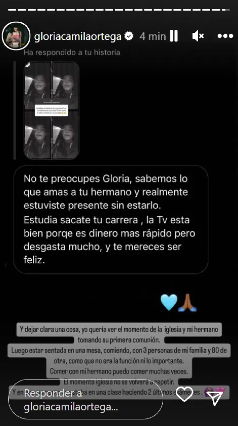 Gloria Camila habla sobre la comunión de su hermano en Instagram.
