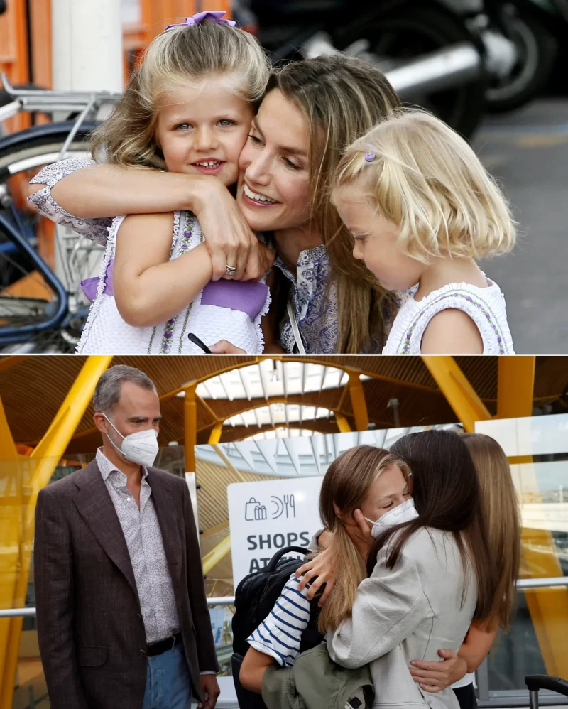 La reina Letizia con la infanta Sofía y la princesa Leonor. La reina abrazando a sus hijas en el aeropuerto