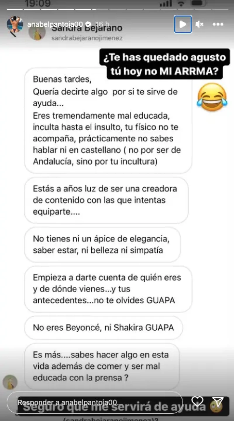 Captura de un mensaje a Anabel Pantoja en el que un seguidor la insulta