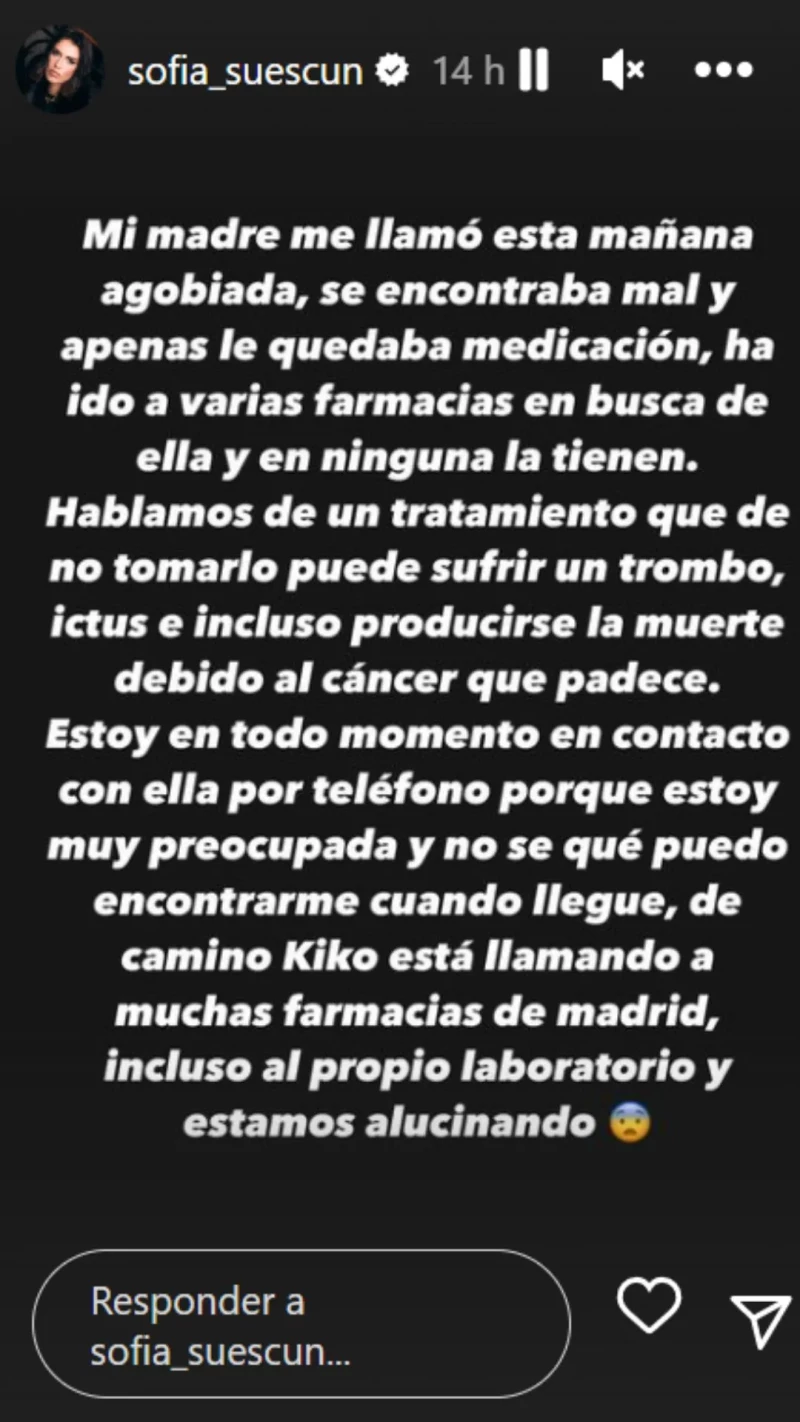 Sofía Suescun ha hecho un llamamiento en Instagram para conseguir la medicación de su madre (Instagram)