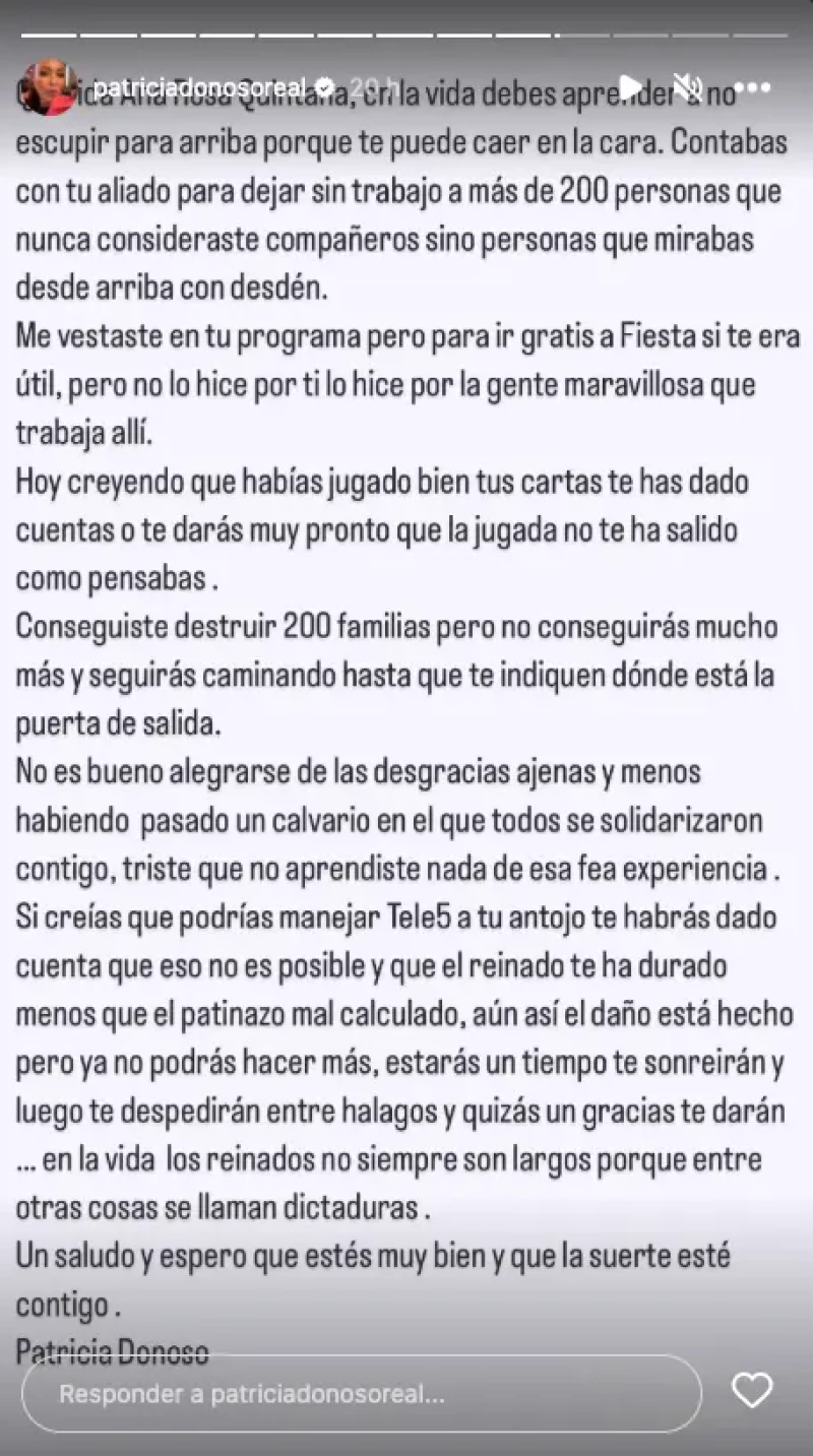 La carta completa de Patricia Donoso contra Ana Rosa Quintana (story)