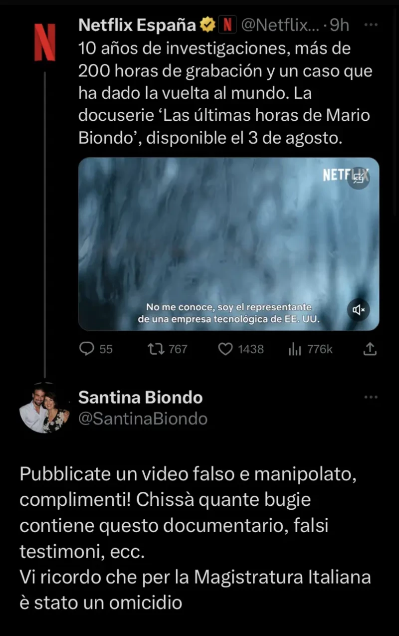 La madre de Mario Biondo responde a Netflix en Twitter.