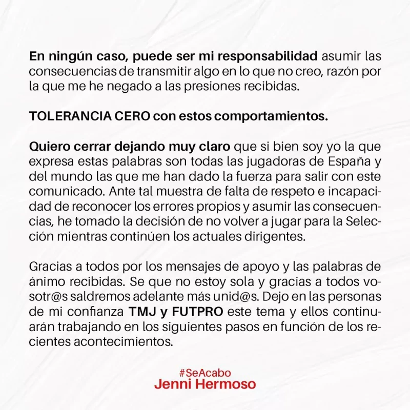 Comunicado Jenni Hermoso contra Luis Rubiales