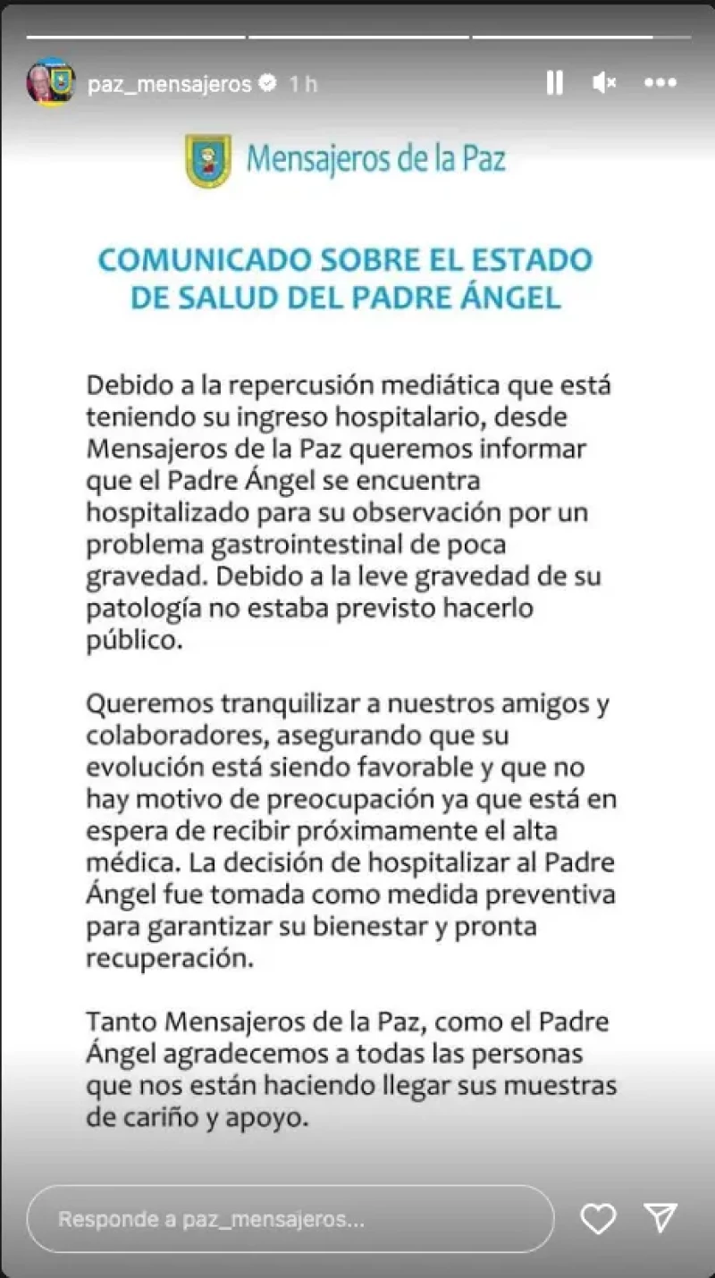 Comunicado de Mensajeros de la Paz sobre la salud del padre Ángel.