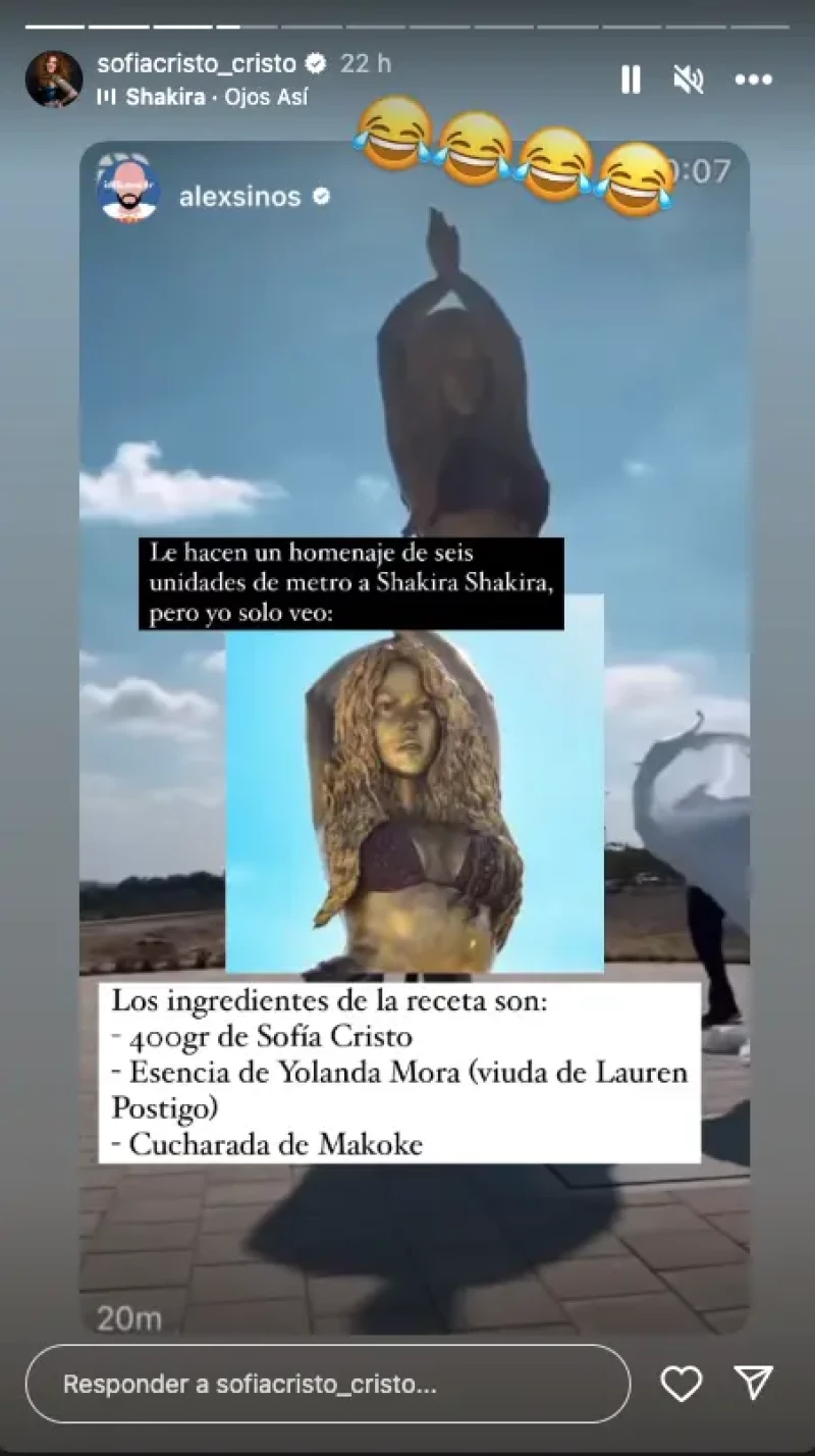 Sofía Cristo comparte un story de Álex Sinos sobre la estatua de Shakira