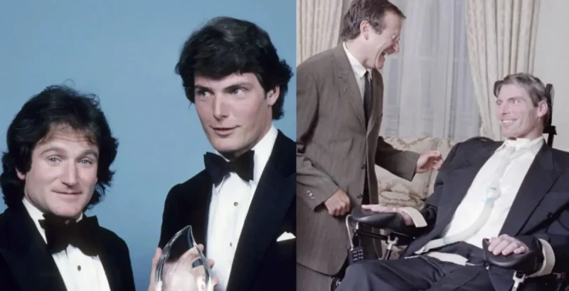 Robin Williams y Christopher Reeve en dos imágenes de archivo. La primera en su juventud y la segunda después de que el actor de Superman tuviera el accidente.
