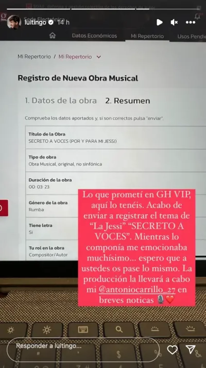 Historia de Instagram de Luitingo enviando la canción de Jessica Bueno.