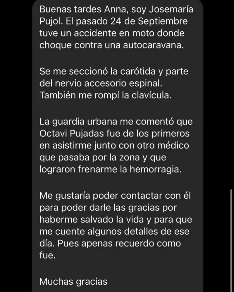 Mensaje que compartió el motorista para agradecer a Octavi lo que había hecho por él.