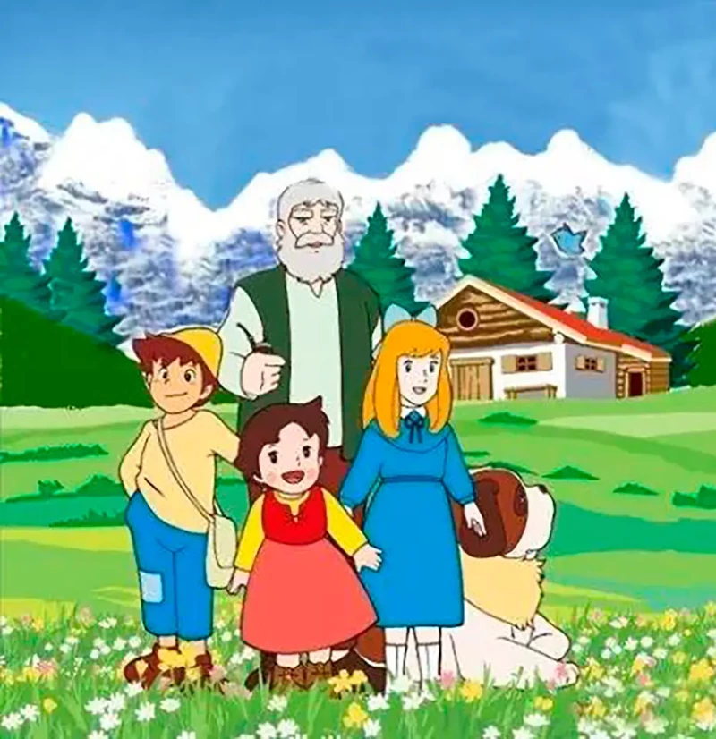 Heidi, Pedro, Clara, el perro Niebla y el Abuelo.