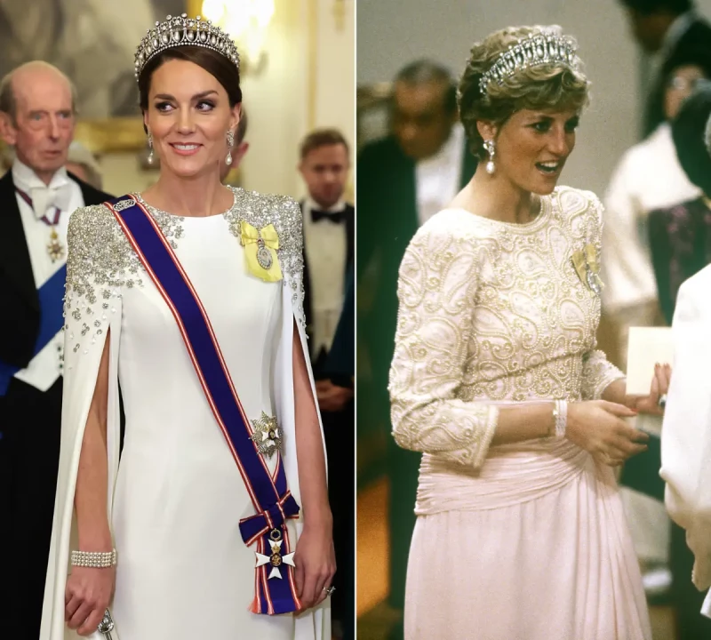 Kate Middleton y Lady Di vestidas de gala con un vestido parecido y la misma corona