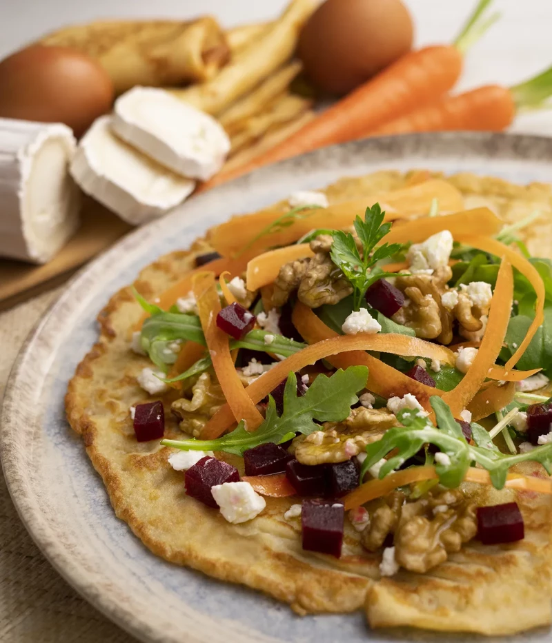 Crepes de zanahoria y remolacha con queso de cabra