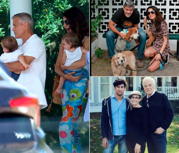 A la izquierda, el actor con sus mellizos, Alexander y Ella. Arriba, la primera vez que ampliaron la familia fue adoptando al basset hound Millie. Abajo, Hazim Avdal, el refugiado iraquí al que Amal, George y sus padres acogieron para que pudiera ir a la universidad de Chicago.