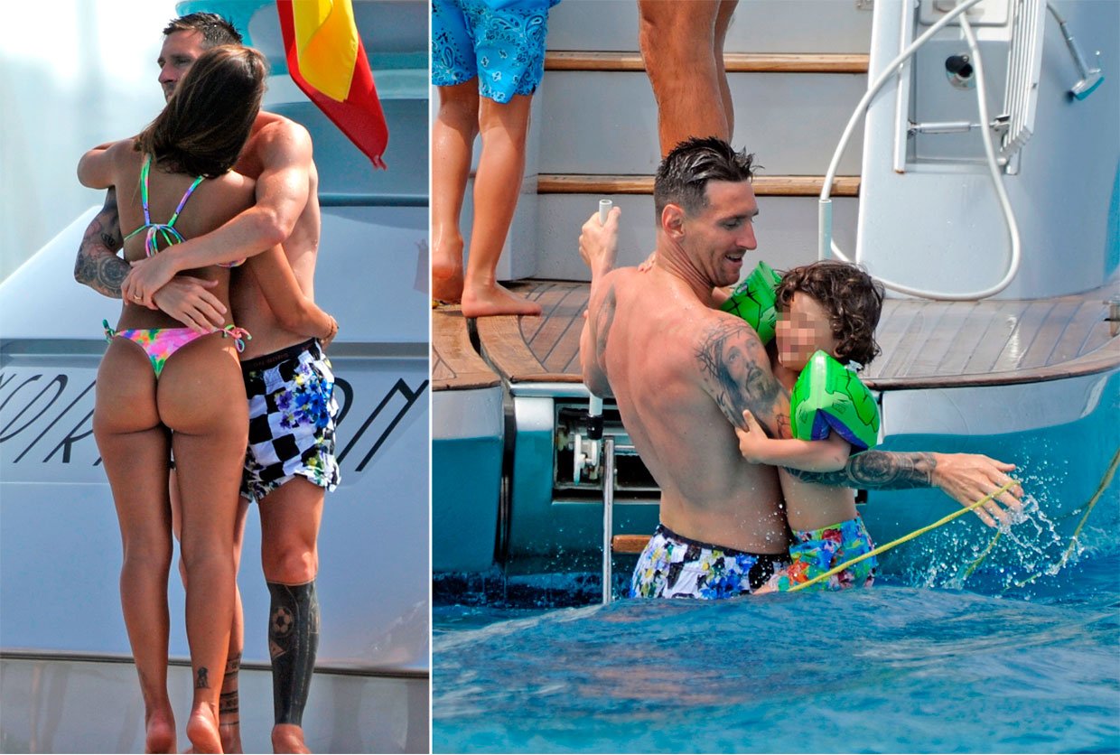 El futbolista y su novia de toda la vida se dieron el "sí, quiero" en el 2017, cuando ya tenían dos hijos. Abajo, Leo, entrando en el agua con Ciro, que vino al mundo en el 2018.