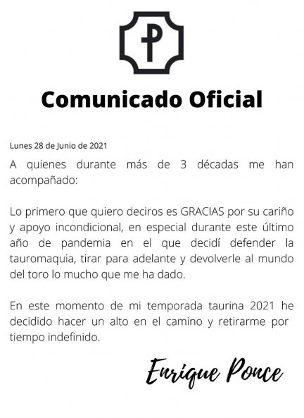 Comunicado de Enrique Ponce anunciando que se retira