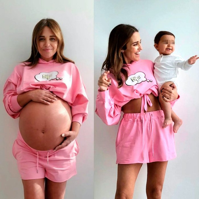 Paula posa con su bebé de 9 meses después con la misma ropa.