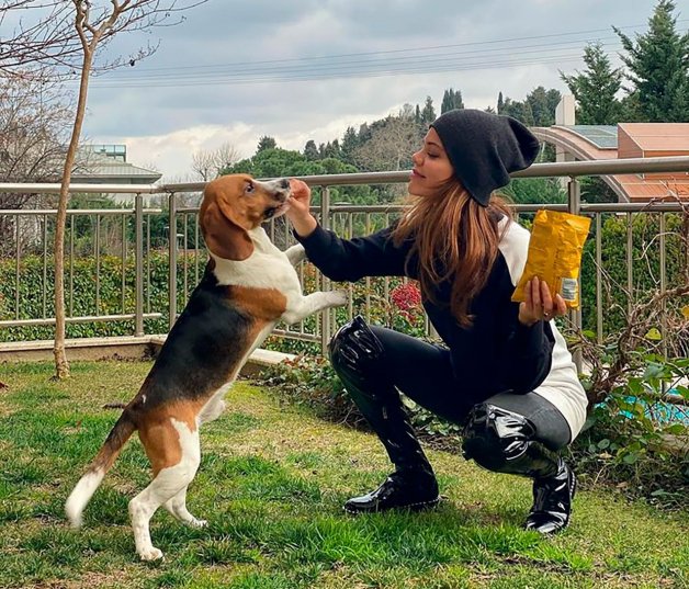 La actriz jugando con su perrito, Júpiter.