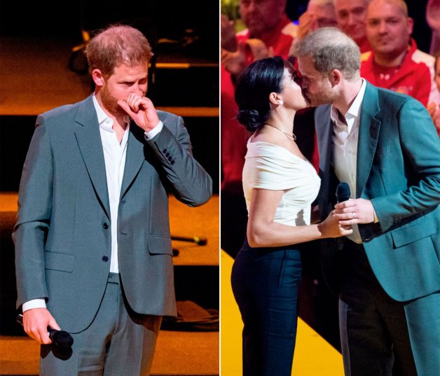 En la inauguración de los Invictus Games, Harry se emocionó por el discurso de Meghan, a la que besó cariñosamente cuando acabó de hablar (derecha).