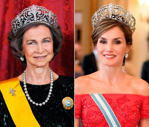 Doña Sofía lllevó la tiara de Flor de lis por última vez el 19 de junio del 2014, día de la abdicación del rey Juan Carlos. Letizia luciendo la misma joya.