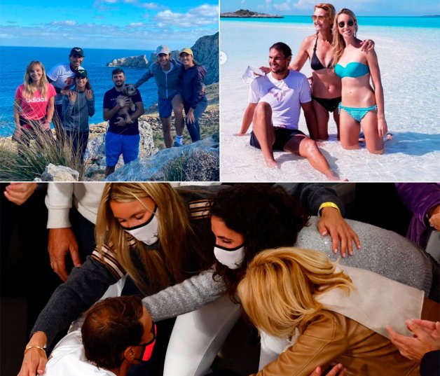 Arriba, con familia y amigos de excursión en cala Mesquida, en Mallorca, y con su madre y su hermana en las Bahamas. Abajo, Rafa celebrando un título con su hermana, su madre y su mujer. 