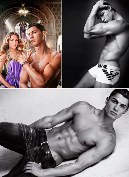 Tres ejemplos de fotografías publicitarias de diferentes productos (ropa interior, vaqueros y perfume) en los que Cristiano Ronaldo exhibe su musculoso cuerpo, cincelado a base de muchísimas horas de gimnasio y entrenamiento.