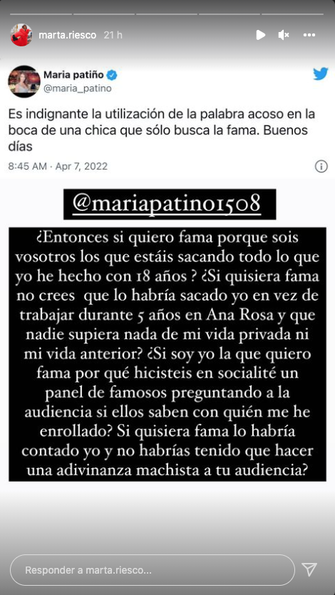 Marta Riesco también responde a Patiño por Instagram.