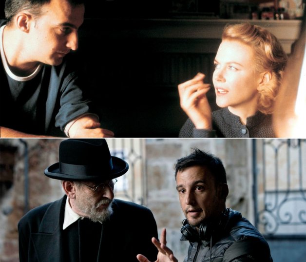 MUERTE Y GUERRA CIVIL. Arriba, hablando con Nicole Kidman, protagonista de "Los otros". Al lado, con Karra Elejalde durante el rodaje de "Mientras dure la guerra".