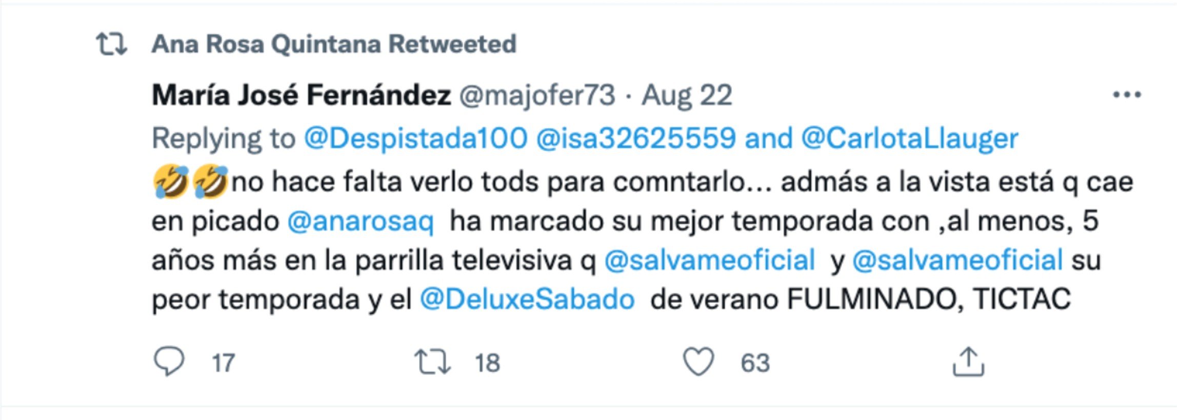 El tuit que ha compartido Ana Rosa Quintana.