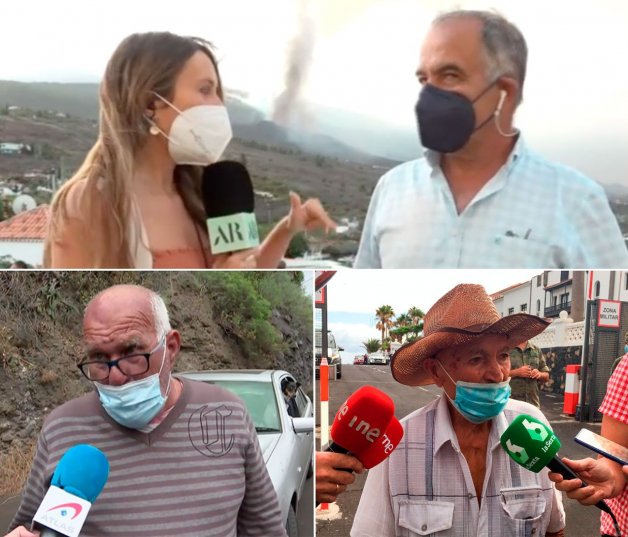 Arriba, Fernando, quién después de dejar su casa no se atrevía a echar la vista atrás. "Me hiere hacerlo. Porque allí están mis recuerdos, toda una vida". Abajo a la derecha, Juan Díaz, de 86 años, ha vivido tres erupciones. La de 1949 –"La más fuerte"–, la de 1971 y ésta. A la izquierda, Pedro Jiménez, quien pasó tres noches durmiendo en el coche porque no quería dejar a sus perros. "Habría sido como abandonar a la familia", comenta. 