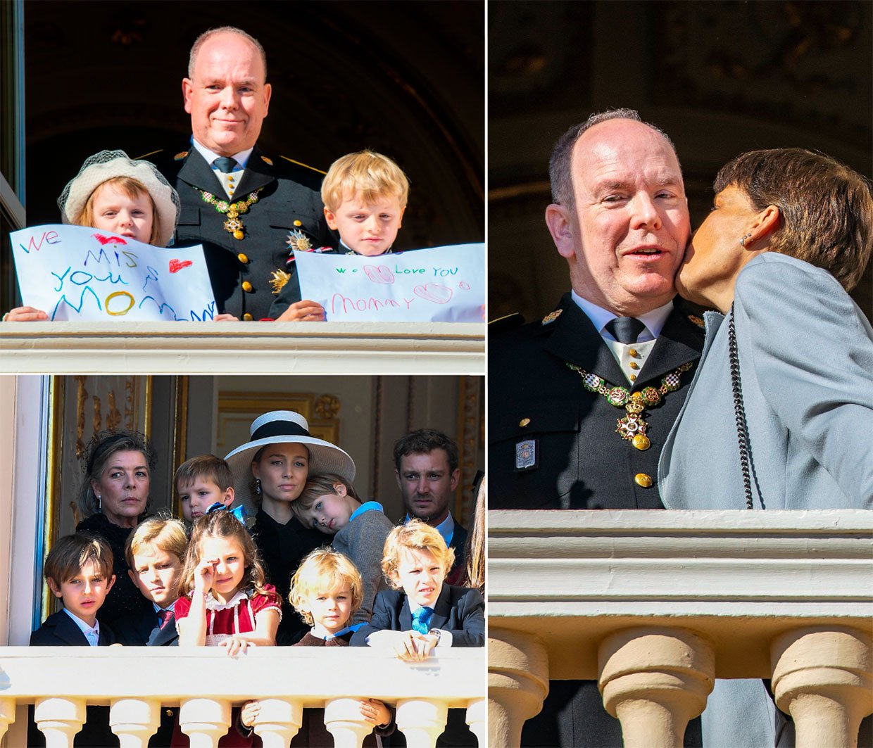 Gabriella y Jacques, de 6 años, escribieron mensajes de cariño para su mamá, que mostraron desde el balcón del palacio monegasco. La princesa con su nuera Beatriz Borromeo y seis de sus siete nietos: Raphaël (izquierda), Sasha, Max, India, Stephano y Francesco. A la derecha, Alberto II recibe un cariñoso beso de su hermana Estefanía.