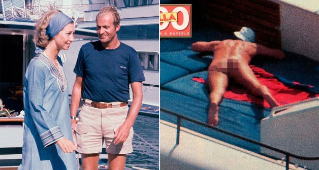 Los reyes Juan Carlos y Sofía, durante una de sus salidas en el "Fortuna". A la derecha, el emérito cuando fue pillado desnudo.