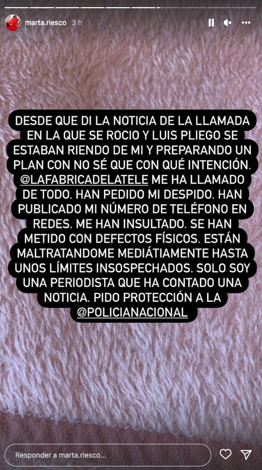 Comunicado de Marta Riesco en Instagram (@marta.riesco).