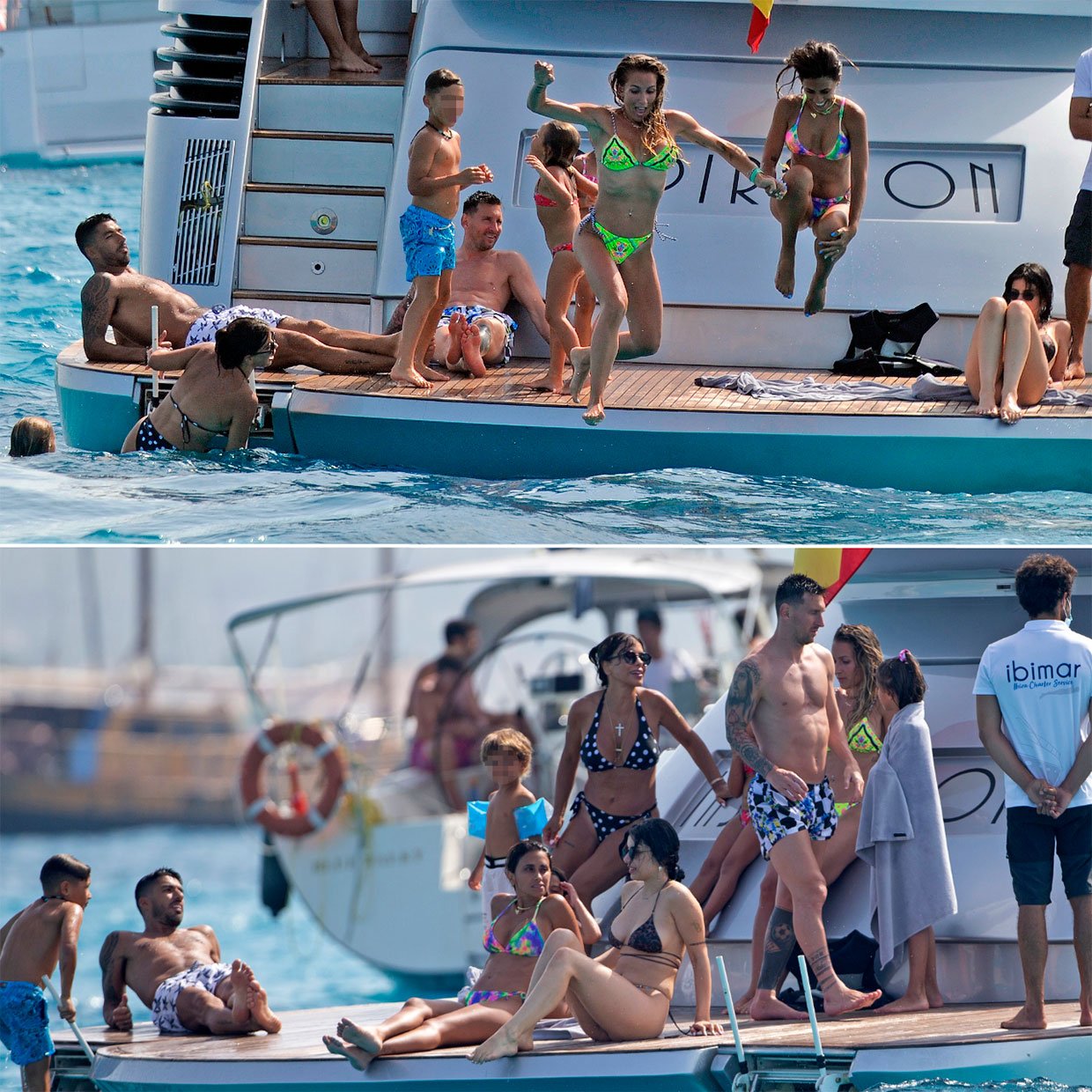 Antonela y Sofia Balbi, esposa de Luis Suárez, se lanzaron al agua (arriba) ante la mirada divertida del resto del grupo. Abajo, tomando el sol.