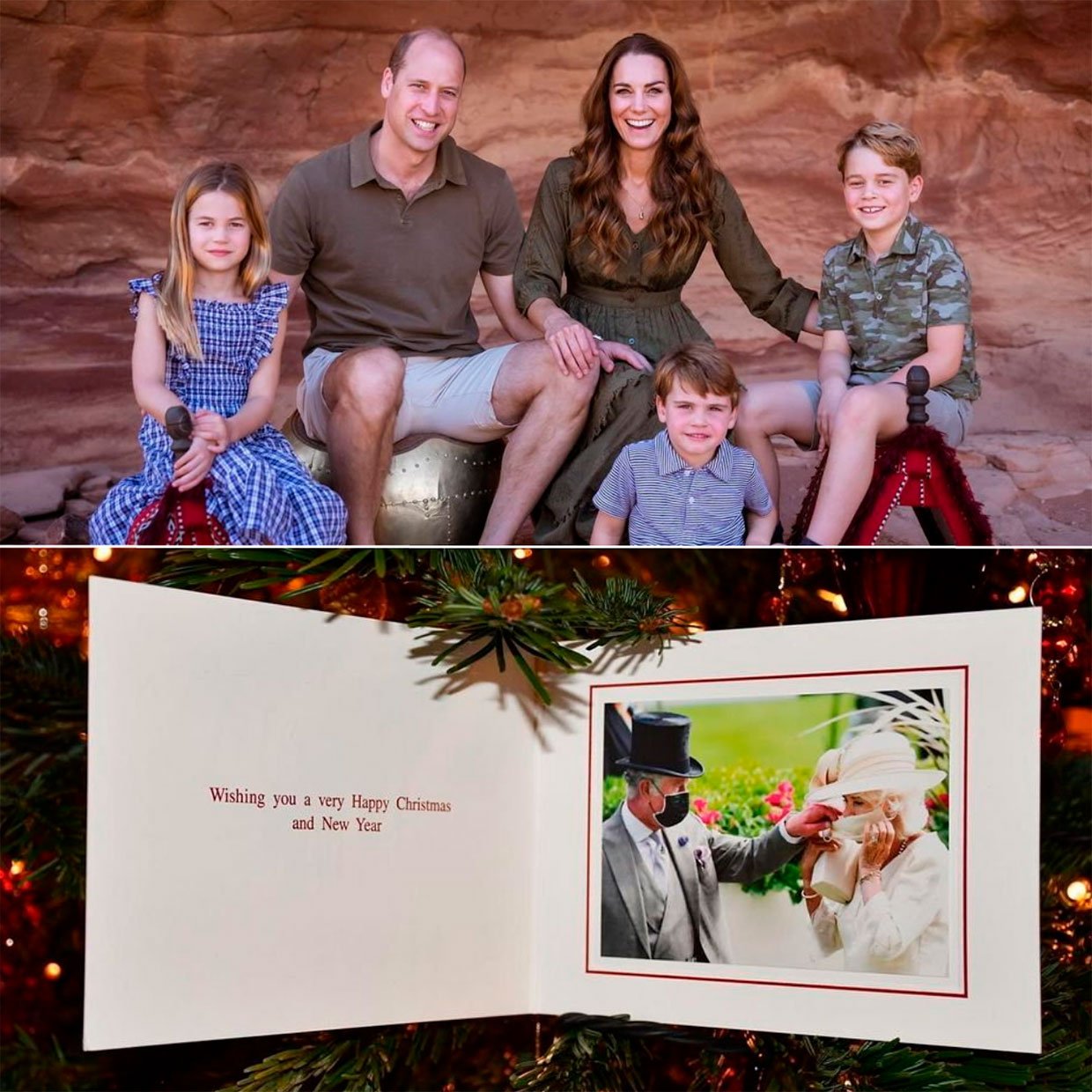 Guillermo y Kate, con sus hijos, George, Charlotte y Louis, han enviado una felicitación con una foto tomada en Jordania. Abajo, la de Carlos y Camilla.