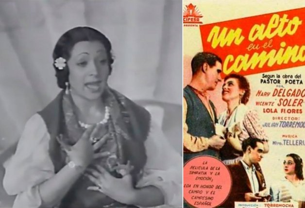 En una escena de la película "Un alto en el camino" (1941), y el cartel promocional.