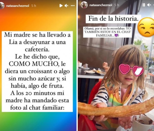 La hija de Natalia Sánchez, desayunando chocolate con churros.