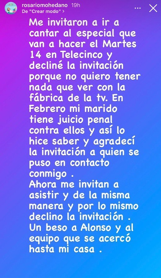 Rosario Mohedano explica por qué no asistirá al tributo a Rocío Jurado (@rosariomohedano).