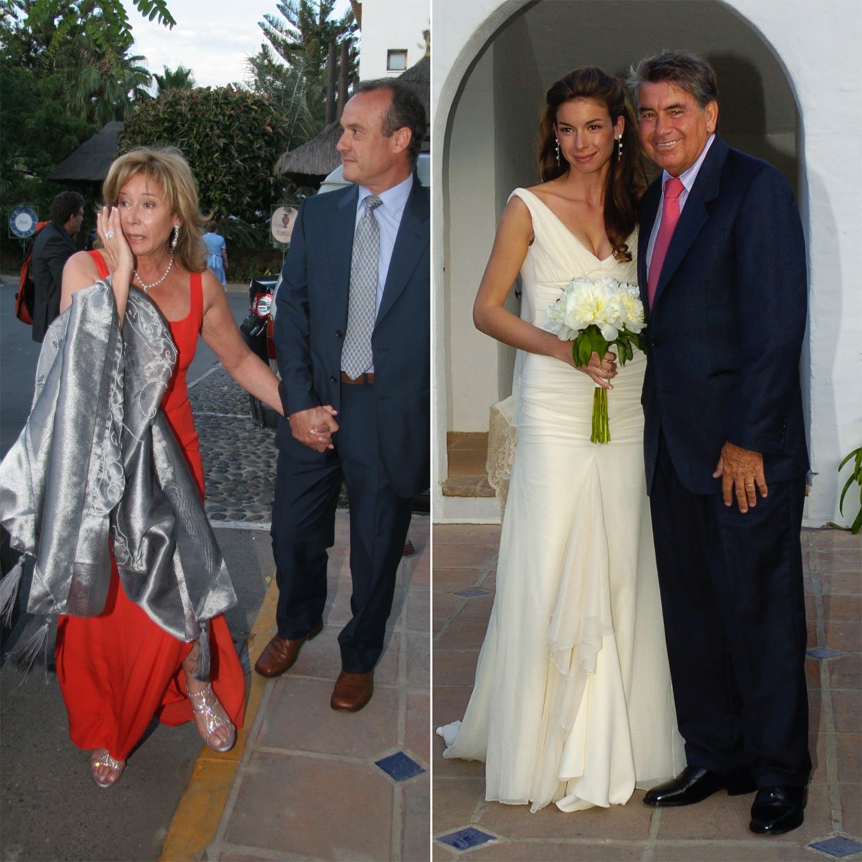 Arriba, Mila, emocionada, llega a la boda de su hija de la mano de su hermano, Manolo. Dcha., Alba, de novia, con su padre, Manolo Santana.