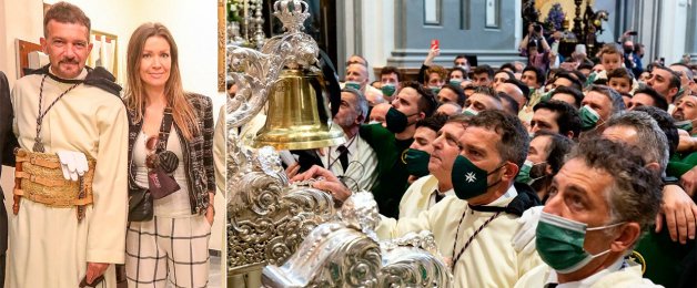 Antonio Banderas con la holandesa Nicole Kimpel, que ya se ha aficionado a la Semana Santa andaluza. A la derecha, los hermanos Banderas con su cofradía.