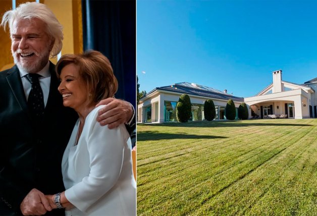 Izquierda, una imagen irrepetible del noviazgo que vivieron Bigote y María Teresa entre el 2014 y el 2019. Derecha, la mansión de la periodista en Molino de la Hoz, Las Rozas (Madrid), que acaba de vender por 2,5 millones de euros.