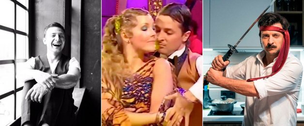 Zelenski cuando era un joven que se iniciaba en la profesión de actor. En el centro, en una de sus actuaciones en el "reality" "Bailando con las estrellas", que ganó. A la derecha, en una de sus películas cómicas.