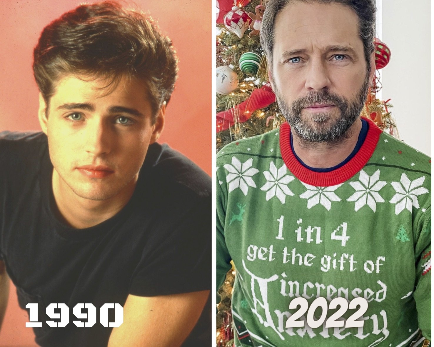 El actor Jason Priestley, como Brandon y en la actualidad.