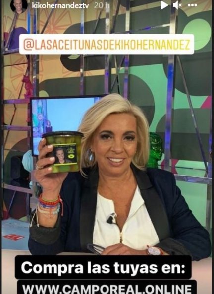 Kiko Hernández ha subido la foto de Carmen Borrego promocionando sus aceitunas.