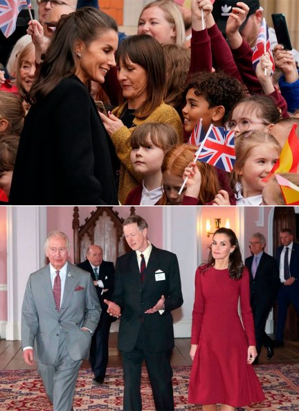 Doña Letizia eligió un diseño de Carolina Herrera, en color burdeos. Arriba, con los niños del colegio St. Wilfrid, y abajo, durante su visita a la galería.