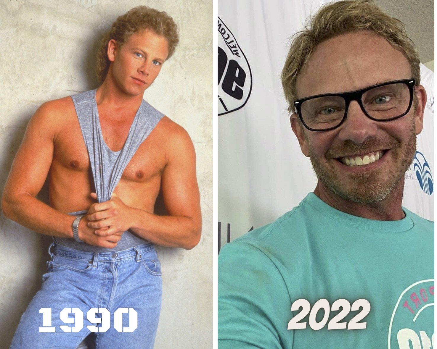 El actor Ian Ziering, como Steve y en la actualidad.