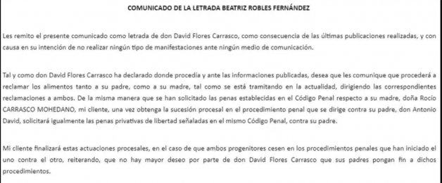 Este es el comunicado sobre David Flores que ha publicado La Razón.