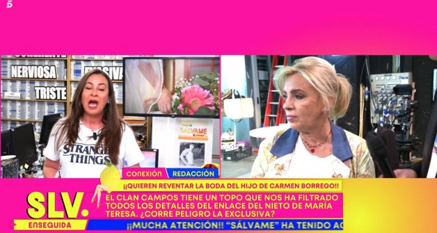 Terelu Campos, ayer, escuchando los rumores sobre la boda de su hijo Alejandro (Sálvame Diario).