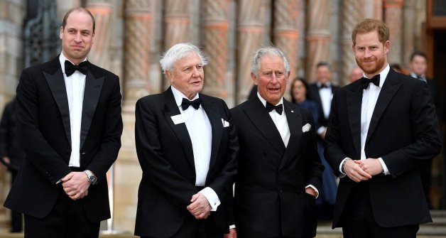 El príncipe Guillermo, David Attenborough, el príncipe Carlos y el príncipe Harry en el estreno de la serie documental "Nuestro planeta" en Londres.