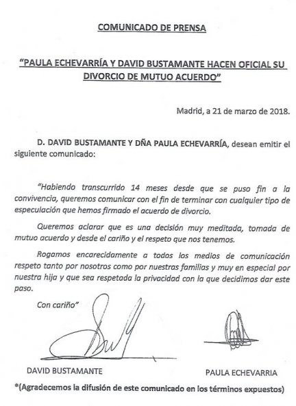 El comunicado de prensa donde Paula y David confirmaron su divorcio.